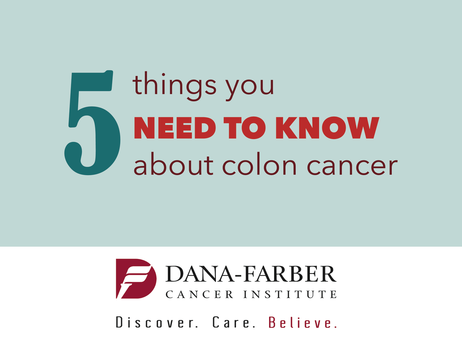 Five things you need to know about colon cancer: Colon cancer forms in the tissues of the colon, which is part of the large intestine; risk factors for colon cancer include age (50 or older) and a family history of cancer of the colon or the rectum, a history of polyps in the colon or rectum, a history of inflammatory bowel disease (Chron's disease or ulcerative colitis), obesity, smoking, alcohol; for most patients, screening should start at age 50; options for screening include fecal occult blood testing, sigmoidoscopy, colonoscopy, virtual colonoscopy, stool DNA test, double-contrast barium enema; one of the most common signs of colon cancer is a change of bowel habits (such as diarrhea, constipation or feeling the bowel does not empty completely, stools that are narrower than usual, frequent gas pains, fullness, bloating, or cramps, unexplained weight loss, persistent tiredness, vomiting) or blood in the stool; surgery to remove the cancer is the most common treatment for all stages of colon cancer, chemotherapy and/or radiation therapy may be recommended.