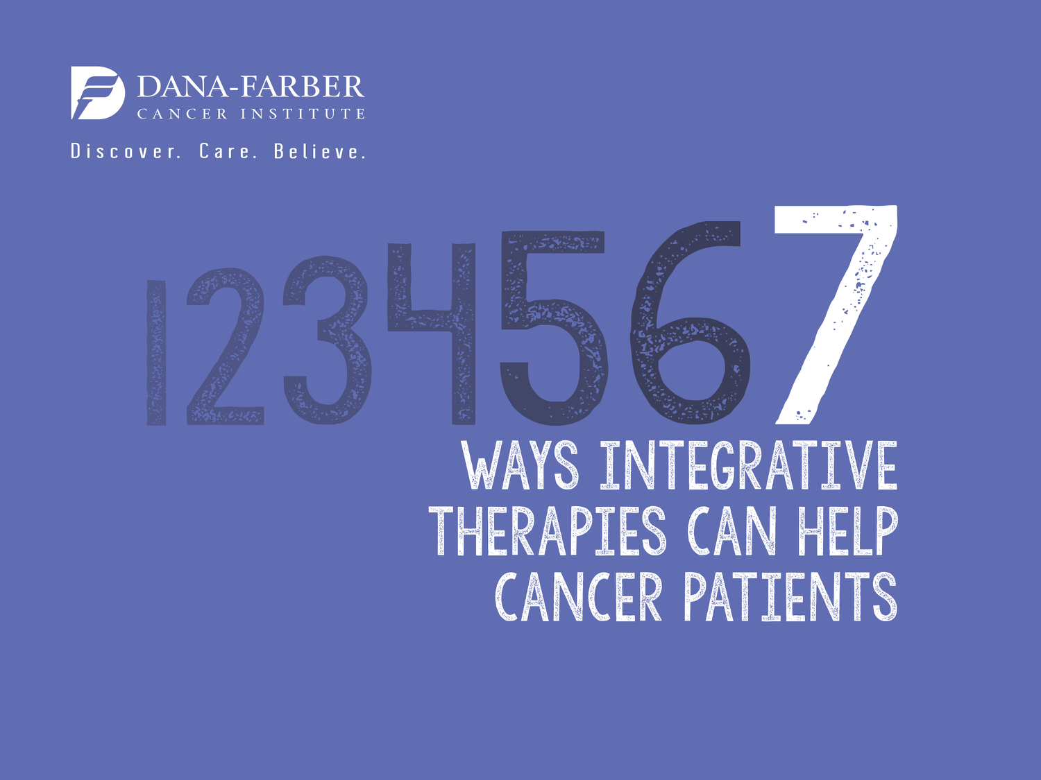 Seven ways integrative therapies can help cancer patients: acupuncture has been shown to reduce pain and nausea, massage therapy provides relaxation and comfort, reflexology can promote relaxation and comfort, Reiki is a hand-on energy-healing therapy, movement therapies may ease tired muscles and reduce stress, expressive arts therapies can bring about positive changes in mood, meditation can help with relaxation and anxiety.