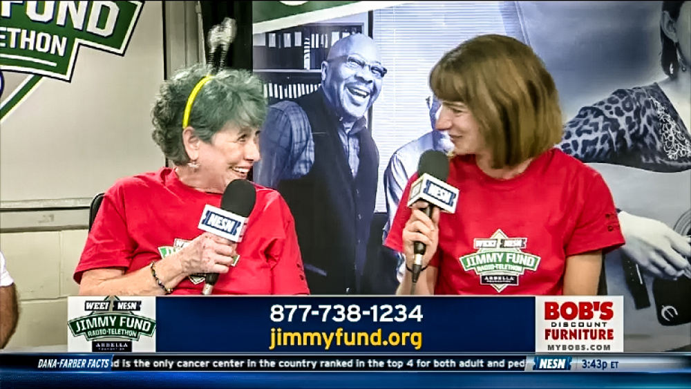 Judy Wilkins and her oncologist, Caron Jacobson, MD, shared an emotional moment while recounting her treatment on live TV during the WEEI/NESN Jimmy Fund Radio-Telethon in August 2017.