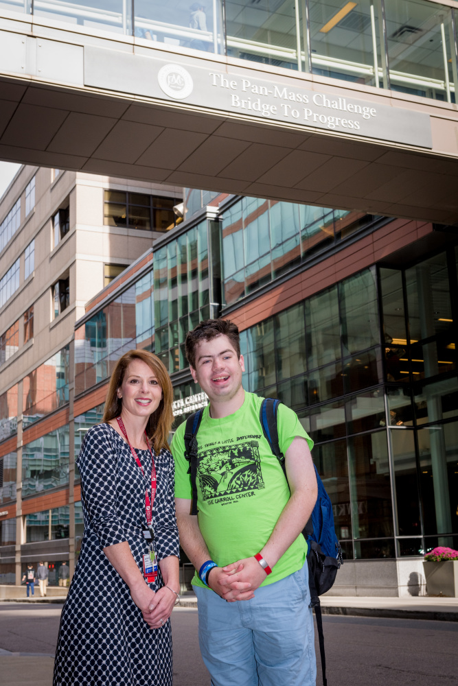 School psychologist Marybeth Morris, MEd, at Dana-Farber has been with Harry from the start, helping he and his family find devices to help with the many late effects of his treatment.