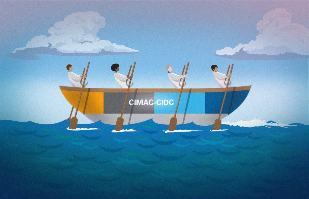 An illustration of medical professionals rowing together on a boat signifies the CIMAC-CIDC.