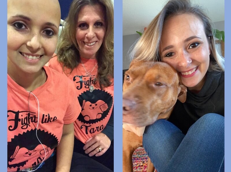 Tara with her mother Angela on transplant day, and today with her rescue puppy Maysie.