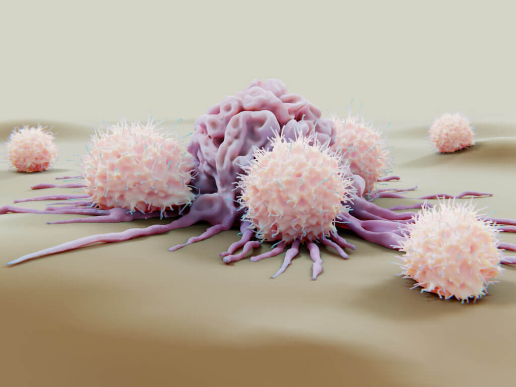 Natural killer cells attacking a cancer cell.