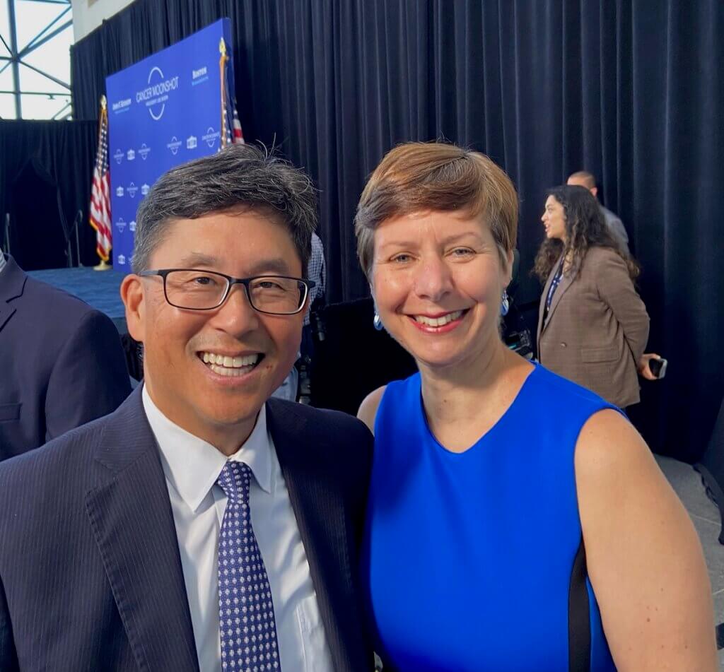 William Hahn, MD, Executive Vice President and Chief Operating Officer of Dana-Farber Cancer Institute, and Daphne Haas-Kogan, MD, chair of the Department of Radiology at Dana-Farber Brigham Cancer Center, awaiting President Biden’s speech on Cancer Moonshot.