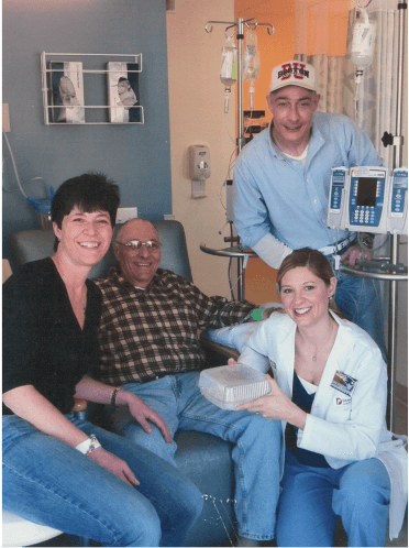 The Lomaglios — Diane, Tom, Sr., and Tom, Jr., — visit Dana-Farber in the fall of 2011. The three all had infusions on the same day.