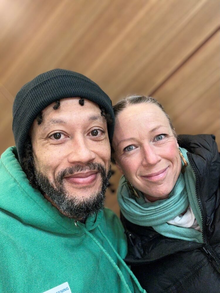 Compehos (right) with her husband, Andwele Harper, on her last day of active treatment at  Dana-Farber, Feb. 9, 2023. 