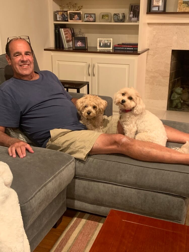 Alan Rubin with dogs Izzy and Daisy, his frequent walking partners during treatment.