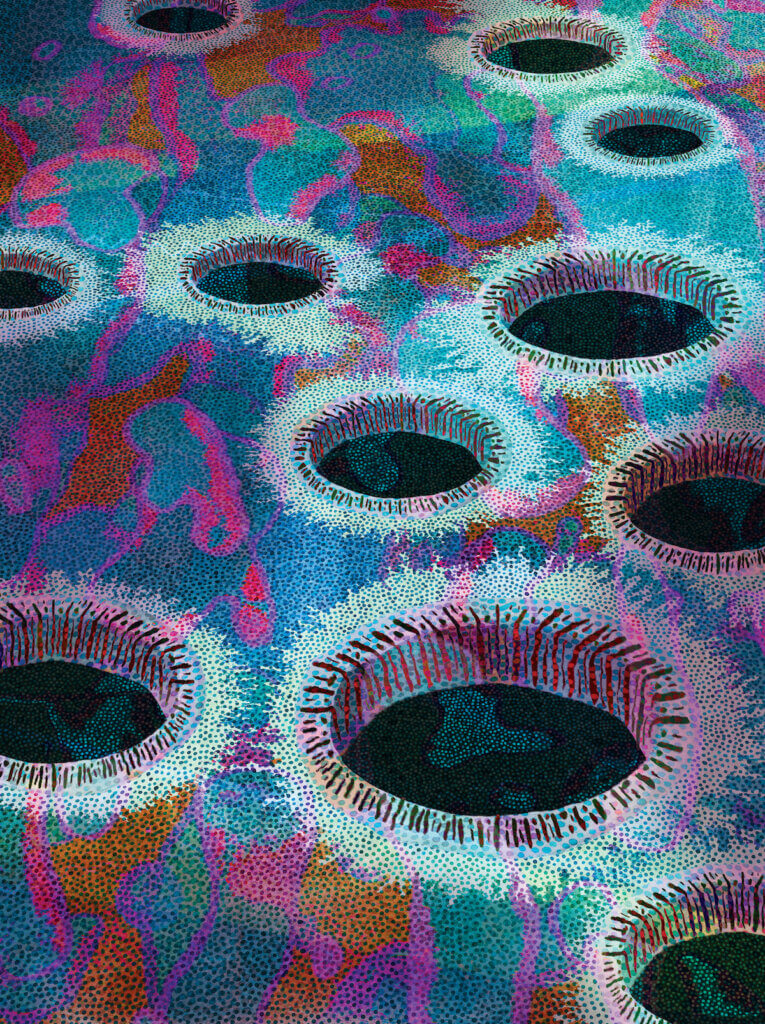An artist’s depiction of gasdermin pores in bacterial cells, the subject of a new study by Dana-Farber scientists. Art by Evan Tear Haynes