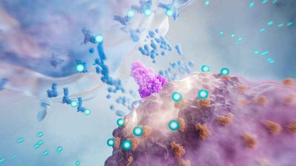 A conceptual illustration of checkpoint inhibitors in action allowing a T-cell to attack a cancer cell.
