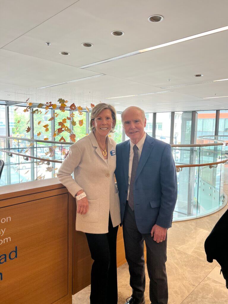 Kathy Giusti (left) with her longtime oncologist Kenneth Anderson, MD, meet at Dana-Farber in 2024. 