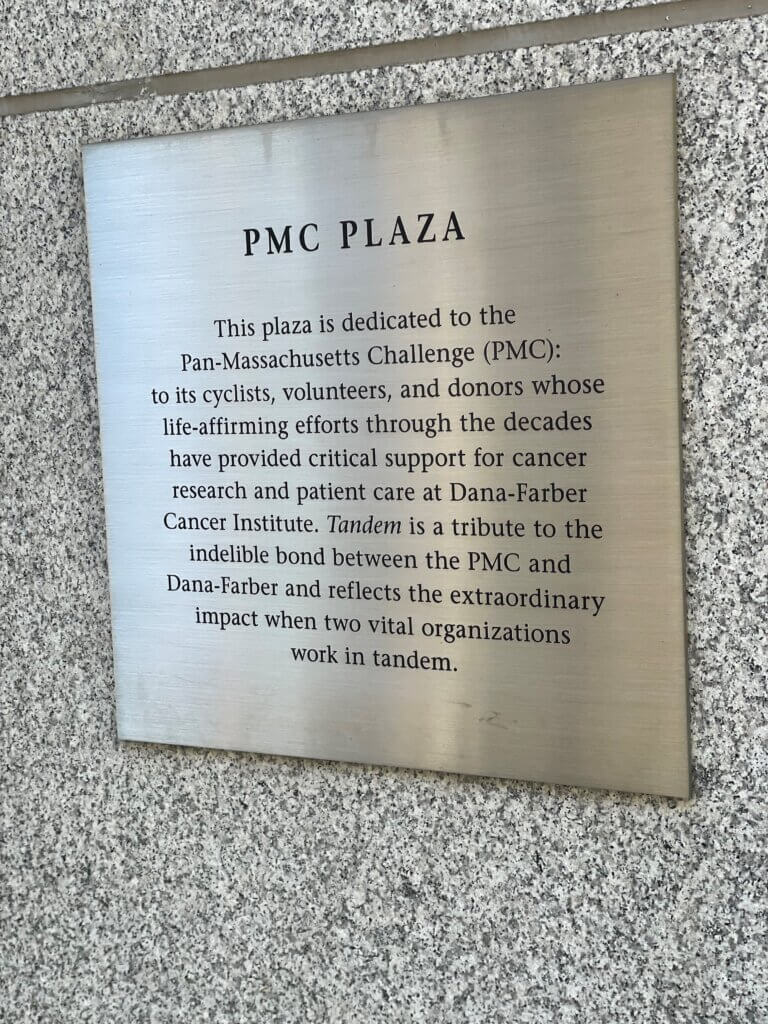 The Pan Mass Challenge (PMC) Plaza plaque.